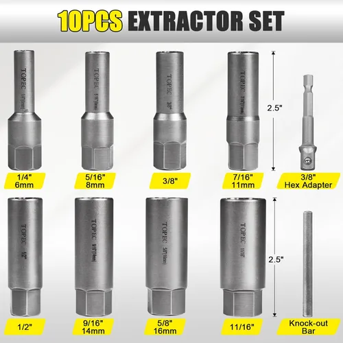 Miniatura 3 de Topec Juego de Extractor de Pernos Profundos Tipo Espiral de 10 Piezas, Juego de Llaves de Extracción de Bujías, Removedor de Tuercas Peladas