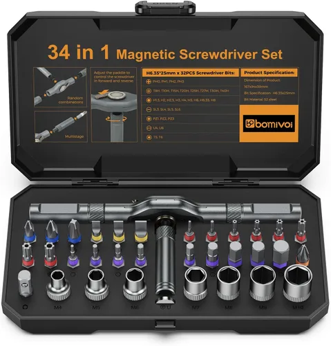Bomivoi Juego de destornilladores magnéticos 34 en 1, juego de destornilladores de trinquete con adaptador de enchufe de 1/4", 24 puntas y 7