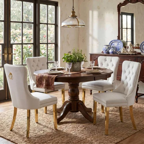 Miniatura 85 de SoarFlash Juego de 2 sillas de comedor de tela de lino, sillas de comedor tapizadas con ribete de cabeza de clavo y patas de madera de color claro