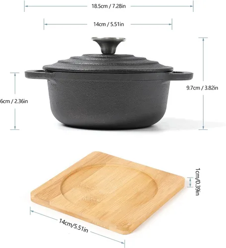 Miniatura 2 de HAWOK Mini horno holandés de hierro fundido, diámetro 5.51 pulgadas, 23 onzas, con bandeja de bambú, juego de 2, pre-sazonado