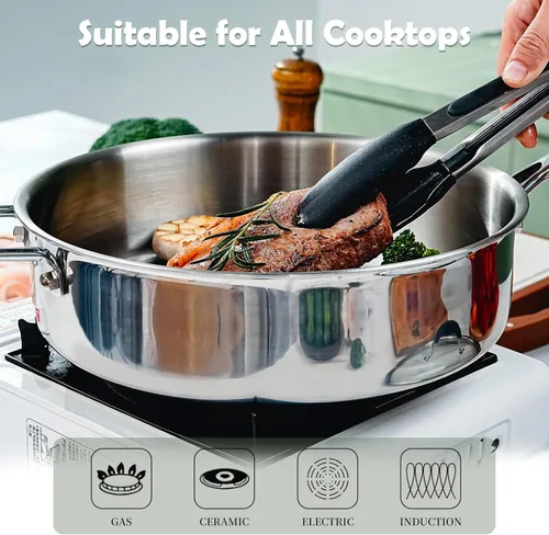Miniatura 3 de SLOTTET Sartén de acero inoxidable de tres capas con tapa, sartén profunda de 5 cuartos de galón con cómodo mango de silicona, sartén de 11.5