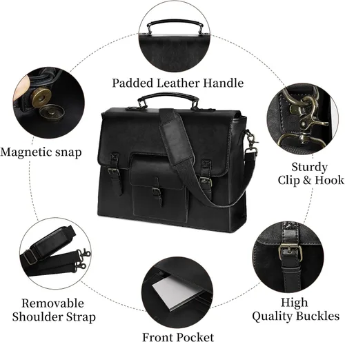 Miniatura 5 de Bolsa de mensajero de cuero para hombres y mujeres, 15.6 pulgadas, impermeable, de cuero vintage, maletín para laptop, bolso de hombro grande, bolsa