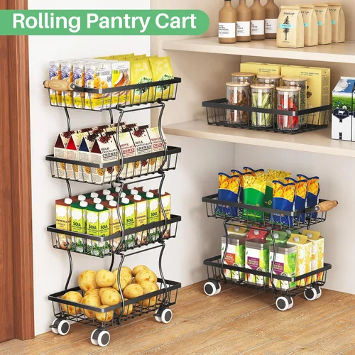 Miniatura 5 de Cesta de frutas, organizadores y almacenamiento de despensa de cocina, cesta apilable de alambre de metal de 4 niveles para frutas, verduras