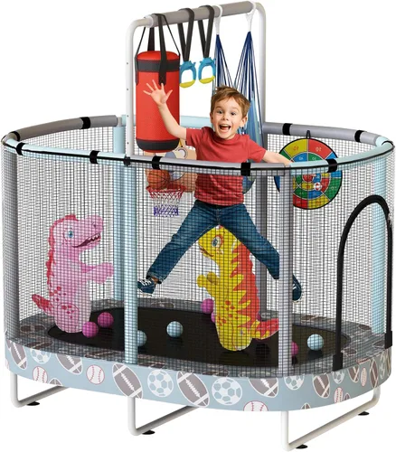 Miniatura 12 de LAMERGE Trampolín redondo 7 en 1 de 55 pulgadas para niños y niñas de 1 a 8 años, trampolín para interiores y exteriores para diversión, barandilla