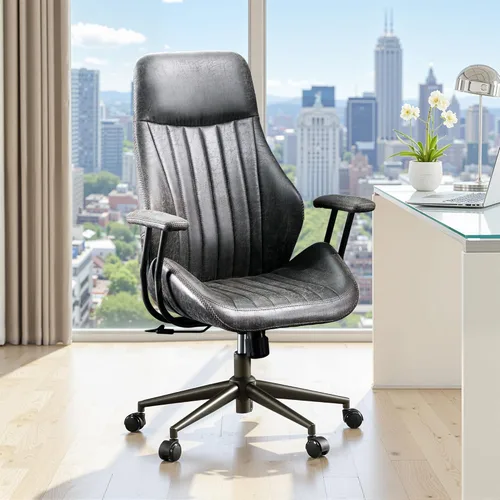 Miniatura 9 de Silla de oficina con 360 ruedas, silla de oficina de mediados de siglo con soporte para el respaldo, silla de escritorio de piel sintética, ángulo