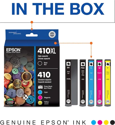 Miniatura 3 de Epson 410 Claria - Paquete combinado de cartuchos de color negro y estándar de alta capacidad (T410XL-BCS) 410 Claria de tinta premium, capacidad
