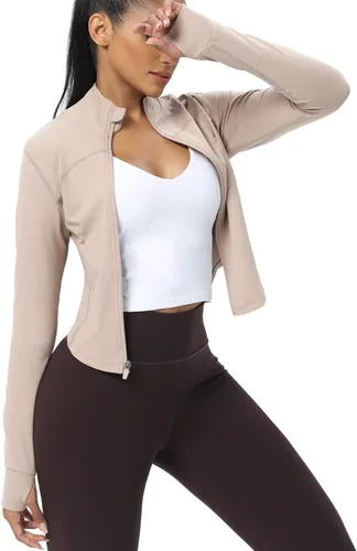 Miniatura 51 de AVGO Chaquetas de entrenamiento recortadas para mujer, con cremallera, ajustadas, atléticas, con agujeros para el pulgar