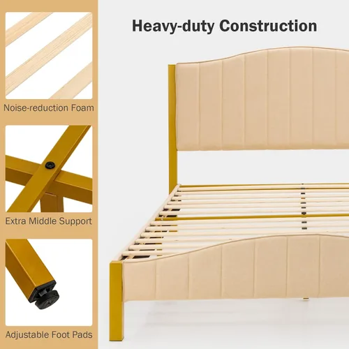 Miniatura 5 de Giantex Base de cama tapizada de tamaño matrimonial, base de cama moderna con cabecera acolchada, base de colchón con soporte de listones de madera