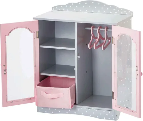 Miniatura 3 de Olivia's Little World Armario doble de madera estilo coctelera de lunares para armarios de muñecas de 18 pulgadas con puertas con ventana, tres