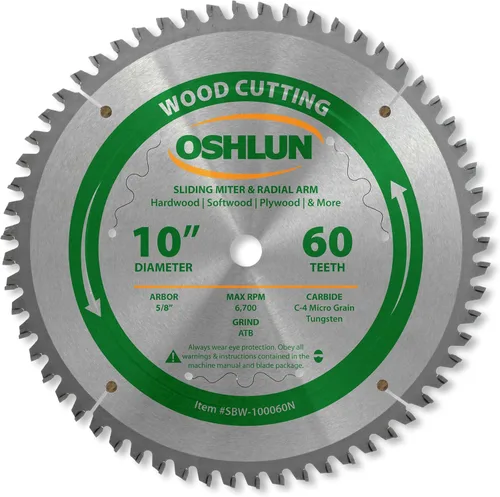 Oshlun SBW-100060N Hoja de sierra ATB con acabado de gancho negativo de 10 pulgadas y 60 dientes con eje de 5/8 pulgadas para sierras de brazo