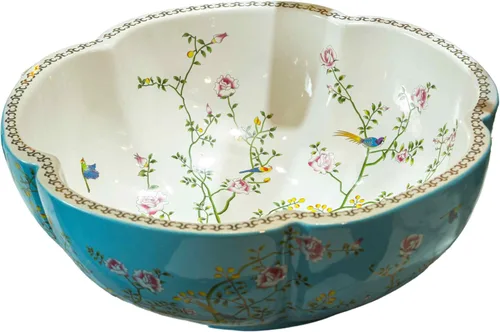 Lavabos de baño azules de cerámica para encimera Jingdezhen con forma de flor con diseño de flores y pájaros, solo 1 lavabo
