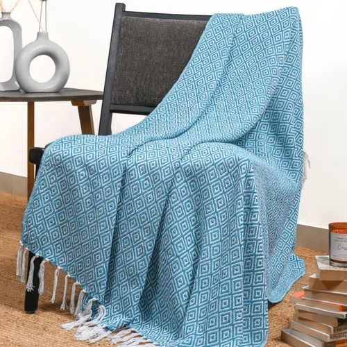 RAJRANG - Manta azul aguamarina con borla bohemia, 50 x 60 pulgadas, súper suave, 100% algodón, cálida manta decorativa para sofá, sillas y sofá
