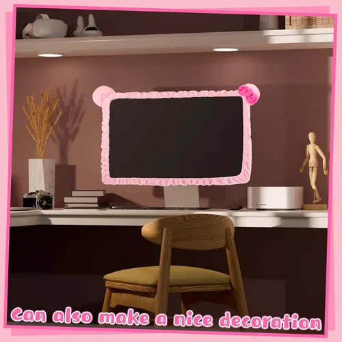 Miniatura 4 de Remagr 1 pieza Funda para monitor de computadora de 20 a 29 pulgadas con diseño de orejas de gato, cubierta de polvo para monitor rosada y peluda