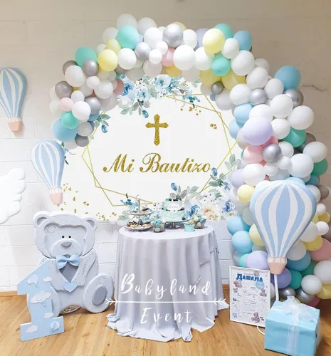 Miniatura 3 de Mi Bautizo - Telón de fondo para fiesta de bautismo mexicano, 7 x 5 pies, Dios bendiga la primera comunión, fondo azul flor niño bautismo banner