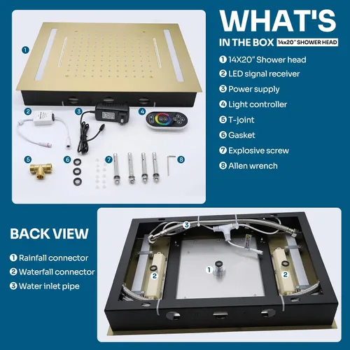 Miniatura 7 de ENGA Sistema de cabezal de ducha de lluvia doble, 2 en 1 funciones de montaje en techo, cabezal de ducha LED de 14 x 20 pulgadas con cabezal de Oro