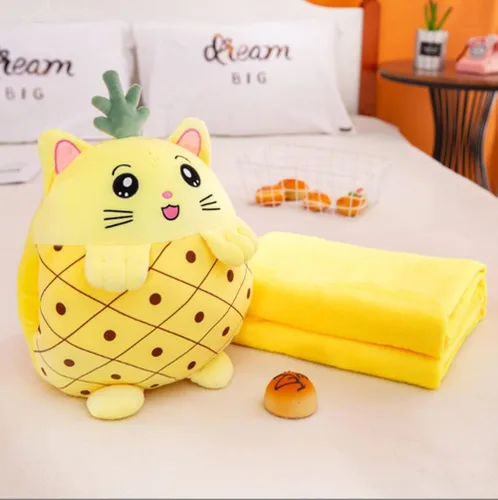 Miniatura 2 de YUDONG Juego de manta y almohada de viaje para niños, adorable almohada multifuncional 3 en 1 de felpa de frutas con diseño calentador de manos