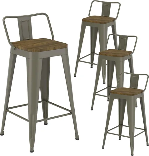 Miniatura 12 de Juego de 4 taburetes de bar de metal, taburetes de bar con respaldo alto con asiento de madera, taburetes de bar negros de 24 pulgadas para isla