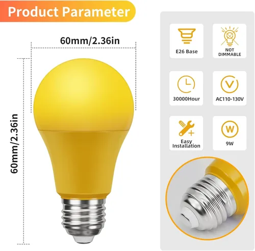 Miniatura 7 de Bombillas de luz amarilla anti-insectos A19 LED, base E26, 9W (equivalente a 60W), 2000K ámbar, uso en porche exterior, paquete de 2