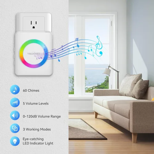 Miniatura 2 de TECKNET Timbre inalámbrico, timbre de puerta 0-120dB, alcance inalámbrico de 1300 pies, timbres para aulas resistentes al agua IP65, 60 sonidos