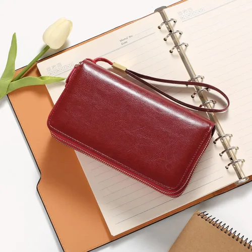 Miniatura 6 de SENDEFN Carteras de cuero para mujer, bloqueo RFID, doble cremallera alrededor del tarjetero de crédito, gran capacidad, 1-cera-vino tinto, Moderno