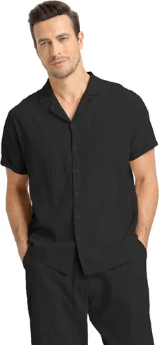 Miniatura 15 de RPOVIG Conjunto de camisa de lino y pantalones: conjuntos de lino de 2 piezas para hombre, camisas de manga corta, pantalones de yoga, trajes