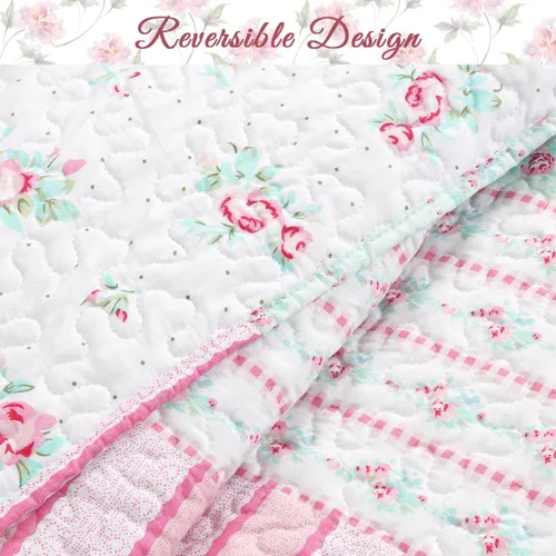 Miniatura 7 de Cozy Line Home Fashions - Juego de ropa de cama, colcha reversible con dulce estampado floral durazno y rosa claro en 3D con parches reales 100 %