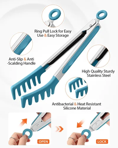 Miniatura 2 de Cuchara de silicona para espaguetis y pinza para pasta, mango de acero inoxidable antiadherente, juego de tenedores para pasta con dientes, clip Azul