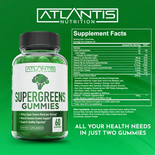 Miniatura 5 de Atlantis Nutrition Supergreens Gomitas - Suplemento diario de superalimentos verdes con espinacas, brócoli, moringa, remolacha, apio, té verde