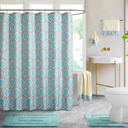 Miniatura 11 de WPM - Juego de alfombras de baño, toallas y cortina de ducha, juego de alfombras de baño con estampado de enrejado de color azul real