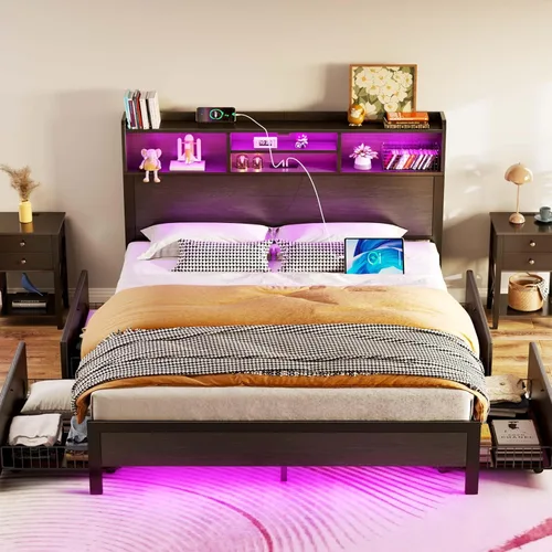 Miniatura 2 de Rolanstar Base de cama matrimonial con almacenamiento, plataforma de 4 cajones con estación de carga USB, luces LED integradas y cabecero