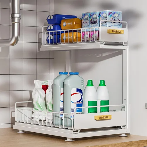 Miniatura 16 de Organizador bajo el fregadero, Organizador de 2 niveles alto y ajustable bajo el fregadero de la cocina, estante de almacenamiento multiuso