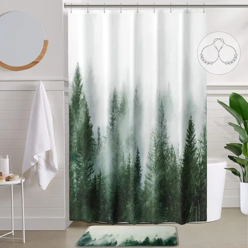 Miniatura 20 de ORTIGIA 36x72 Cortina de ducha de bosque nebuloso para baño pequeño, cortina de ducha estrecha de naturaleza y bosque en blanco y negro con ganchos