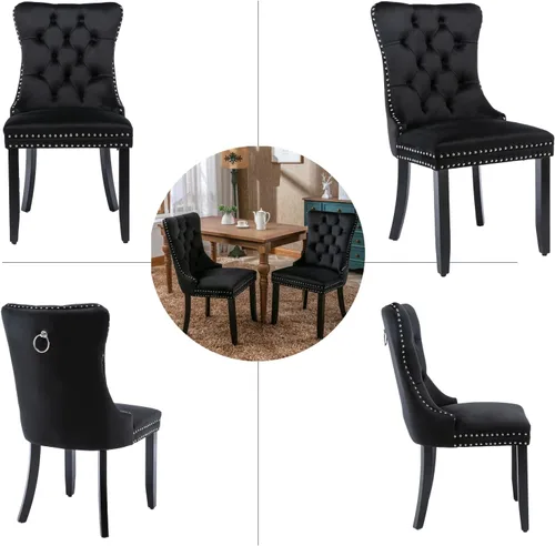 Miniatura 7 de Shenyon Juego de 4 Sillas de Comedor de Terciopelo Negro, Sillas de Comedor Tapizadas con Tirador de Anillo Trasero y Patas de Madera Maciza, Sillas