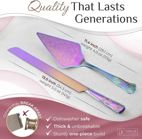 Miniatura 3 de Orblue Juego de cuchillo y servidor para pastel de boda, juego de corte de alta calidad, bellamente grabado, elegante recuerdo para recién casados
