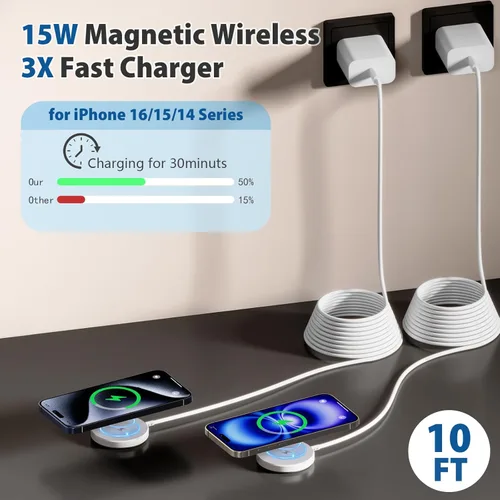 Miniatura 4 de [Certificado MFi de Apple] Cargador magnético para iPhone 17 16e, paquete de 2 de 10 pies, carga rápida para Apple MagSafe, almohadilla de carga