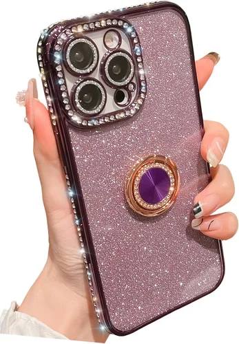 Miniatura 16 de Bonita funda compatible con iPhone 13 Pro de 6.1 pulgadas, diamantes brillantes + fundas de tarjetas con purpurina con soporte de corazón de amor