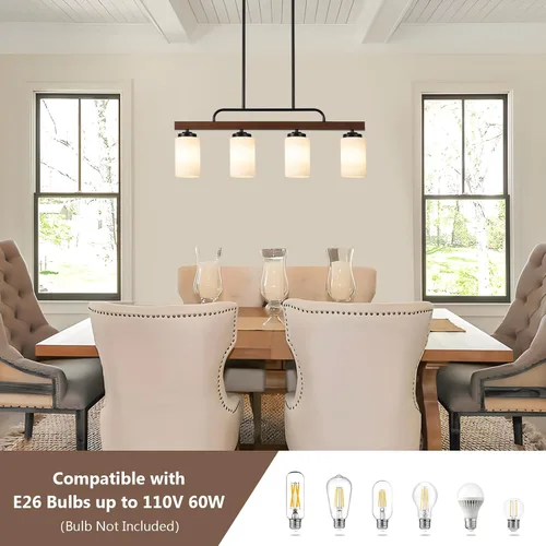 Miniatura 3 de Lámpara de Comedor Estilo Granja Sobre Mesa, Iluminación de Isla de Cocina de Madera Negra de 4 Luces con Vidrio Blanco Leche, Luces Colgantes