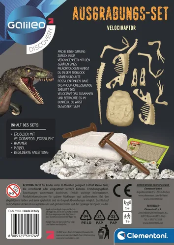 Miniatura 2 de CLEMENTONI 59174 Galileo Science Excavation Kit Velociraptor Juguete para niños mayores de 7 años cavando fósiles de dinosaurios con martillo