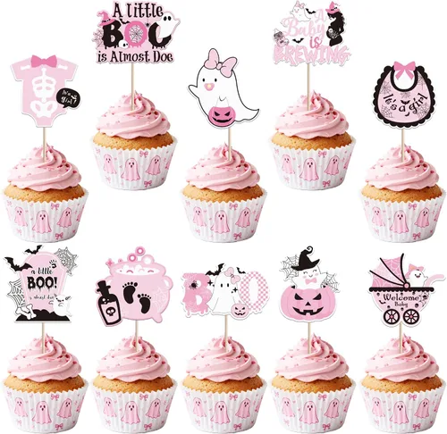 Miniatura 29 de Paquete de 24 adornos para cupcakes de Halloween con purpurina rosa, fantasma, pequeño abucheo, murciélago, bruja, gato, calabaza, magdalena