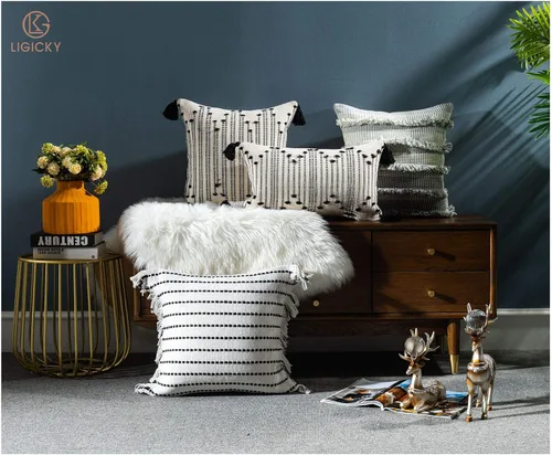 Miniatura 3 de LIGICKY Fundas de almohada decorativas para el hogar, estilo bohemio, con borlas, cuadradas, de algodón, a rayas, para sofá, dormitorio, sala