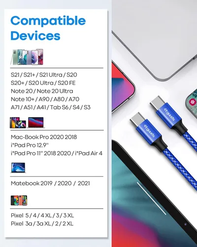 Miniatura 7 de etguuds Cable USB C a USB C de 3 pies, paquete de 2 cables USBC a USBC de 60 W, cable de carga tipo C a C, carga rápida para iPhone 17, 16, 15 Pro