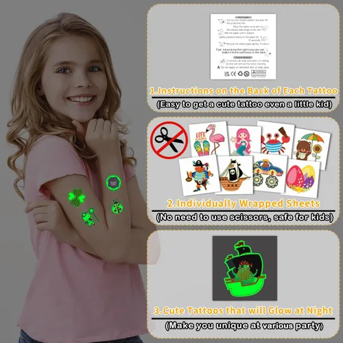 Miniatura 2 de Partywind 204 estilos de tatuajes temporales luminosos para niños, suministros de fiesta brillantes, regalos para bolsas de regalos, divertidas
