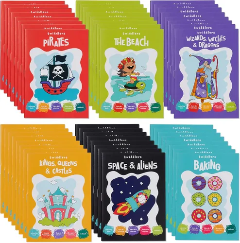 THE TWIDDLERS - Paquete de 24 mini libros para colorear de 6 temas a granel para niños a partir de 3 años, incluye castillos, dragones, pirata