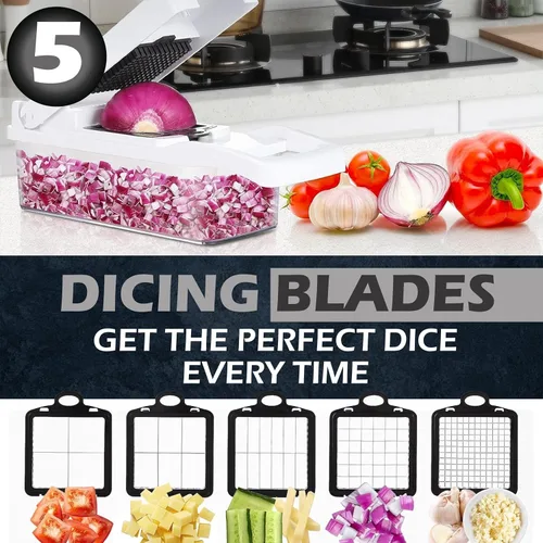 Miniatura 5 de 26 en 1 - Picadora de verduras resistente con recipiente - Cuchillas de acero inoxidable - Cortadora, picadora, espiral y cortador para verduras