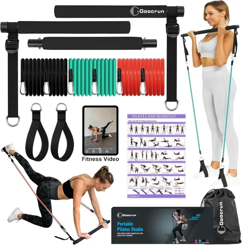 Goocrun Kit de Barra de Pilates Portátil con Bandas de Resistencia para Hombres y Mujeres - 3 Juegos de Bandas de Resistencia para Ejercicio -