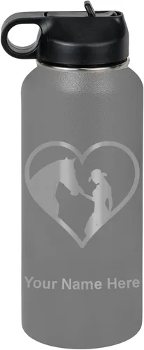 Miniatura 48 de LaserGram Botella de agua personalizada, corazón de vaquera de caballo, acero inoxidable de doble pared aislada al vacío con popote superior, regalo