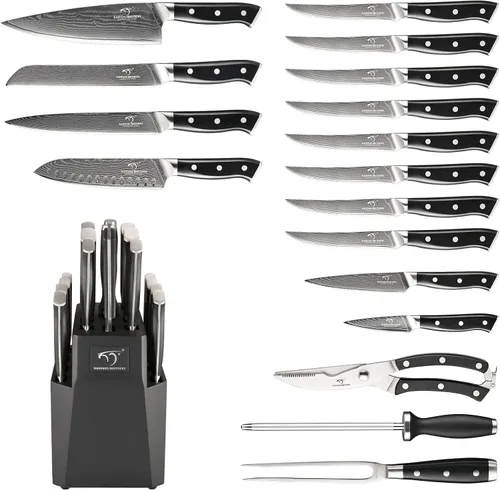 Miniatura 2 de NANFANG BROTHERS Damasco - Juego de cuchillos de cocina, 18 piezas con bloque, asas ergonómicas, tenedor de tallar, afilador, tijeras
