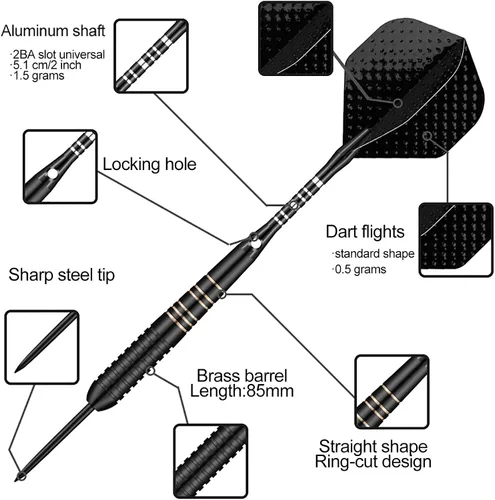 Miniatura 2 de Juego de dardos de punta de acero para dardos, dardos profesionales de metal con punta de latón, ejes de aluminio negro y púrpura de nylon, 9