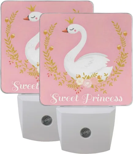 Miniatura 7 de Paquete de 2 lámparas LED de luz nocturna enchufables con impresión de princesa cisne con sensor de atardecer a amanecer para dormitorio, baño