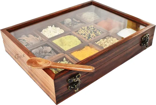 Caja de especias de madera para cocina con cuchara – 12 compartimentos extraíbles – Masala Dabba india hecha a mano con tapa de vidrio – Organizador